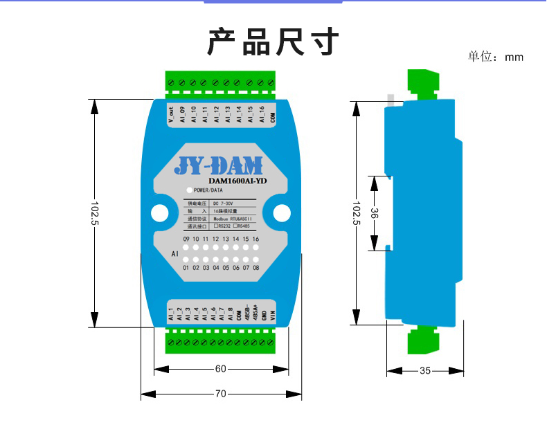 DAM1600AI-YD 模擬量采集模塊產品尺寸 DAM1600AI-YD 模擬量采集模塊產品尺寸
